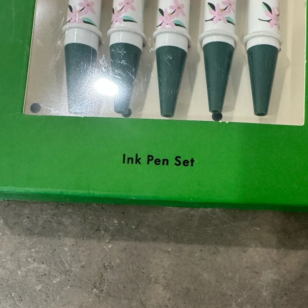 Kate Spade citrus Ink Pen Set of 5  w/ trio of Pink,Blue &green printed Notepads